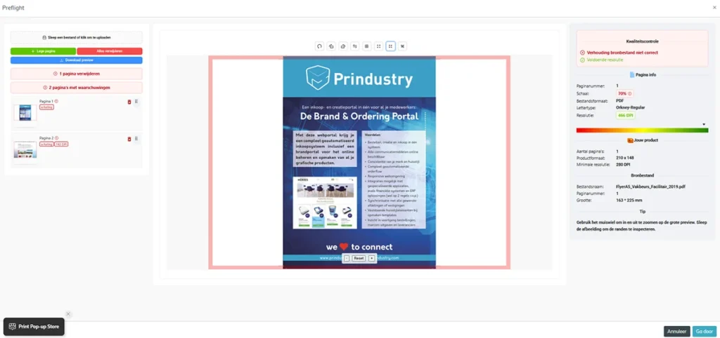 Preflight-scherm van de Prindustry-software controleert een flyer-bestand op technische kwaliteit
