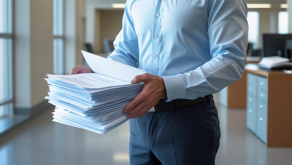 Een medewerker in een overheidsgebouw dat drukwerk nodig heeft.