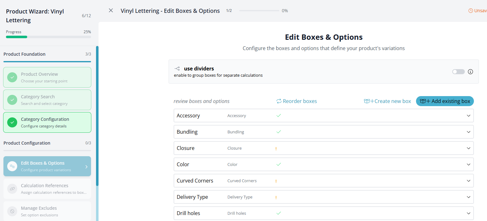 Product Wizard - Edit Boxes & Options configure