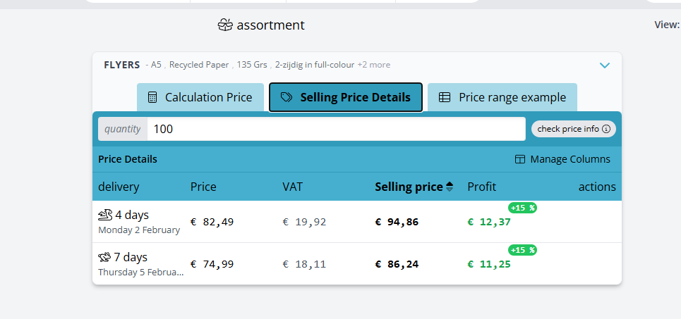 Selling Price Details