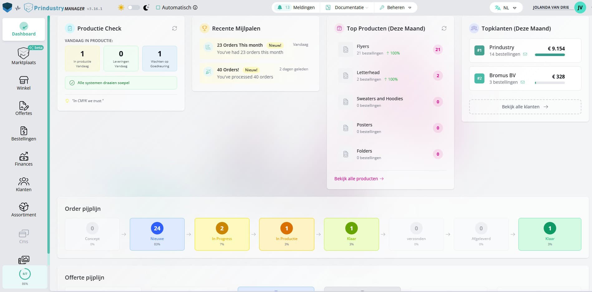 Dahsboard 3.0 Prindustry Platform beheersysteem