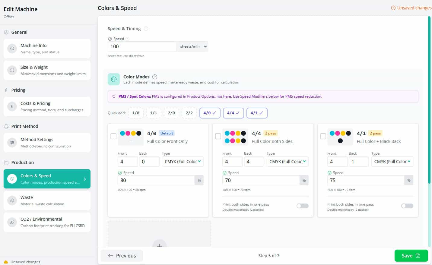 Edit machine Offset Colors Calculatie Prindustry Platform