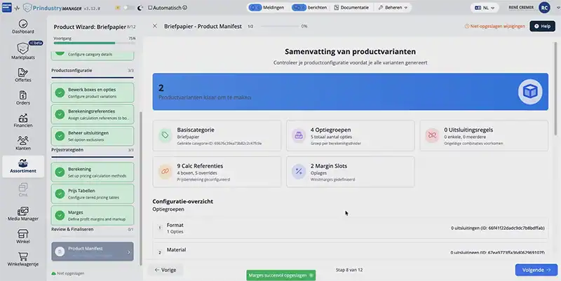 Product Wizard - Samenvatting print product Prindustry Platform