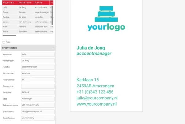 An editor of a businesscard shows a smart template at a central level