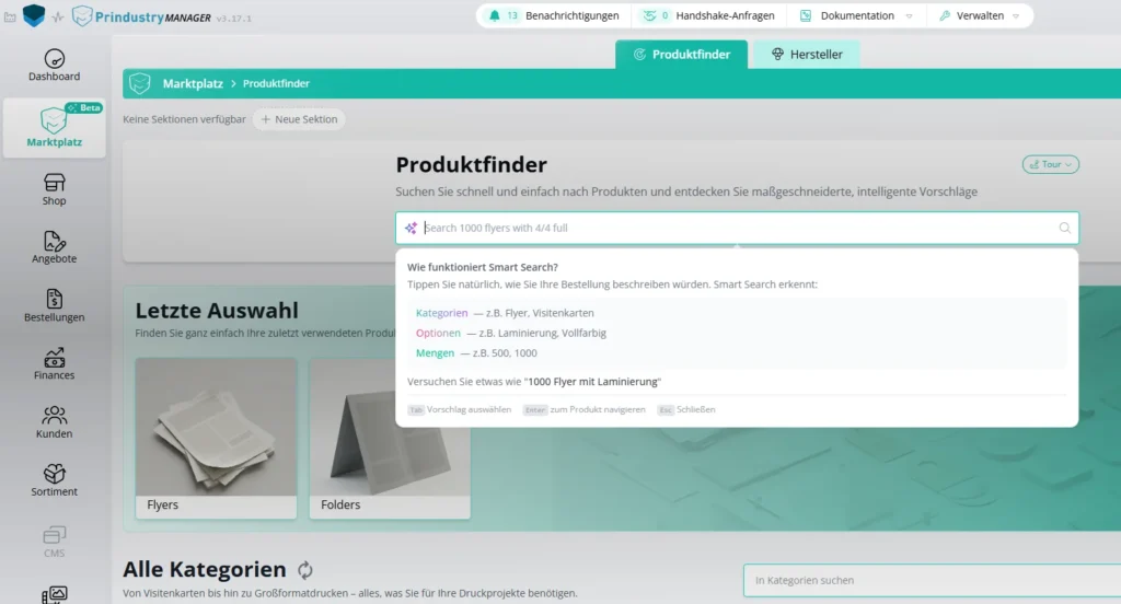 Marktplatz Produktfinder Prindustry Plattform