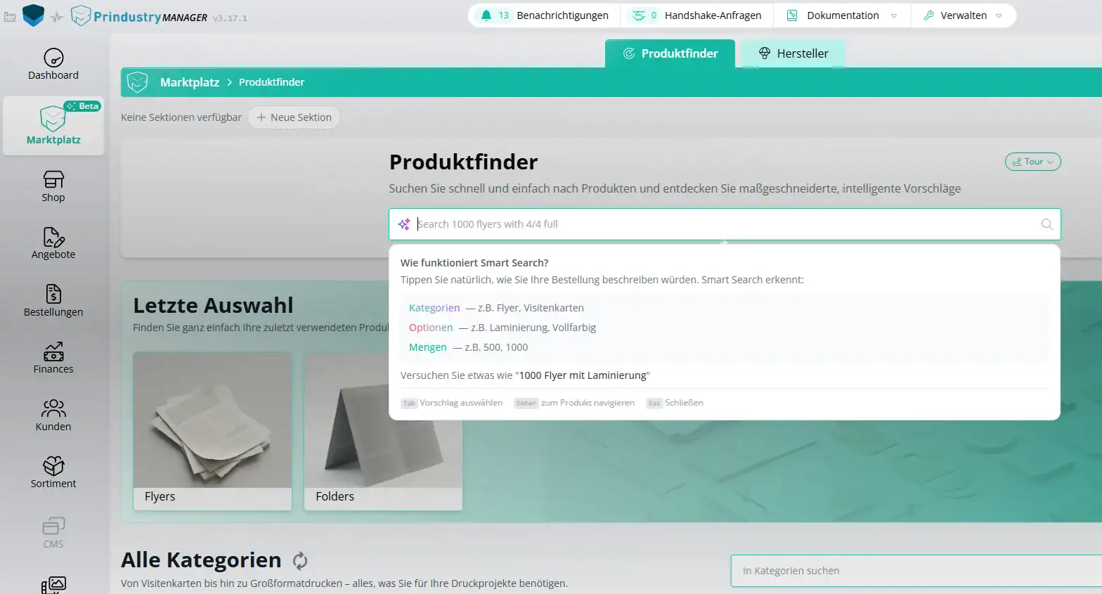 Marktplatz Produktfinder Prindustry Plattform