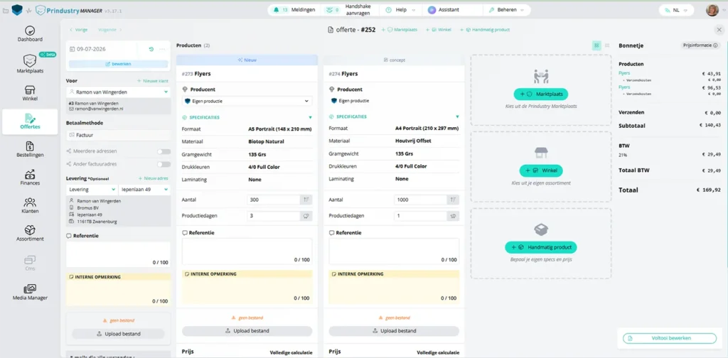 Offertemodule Prindustry Platform