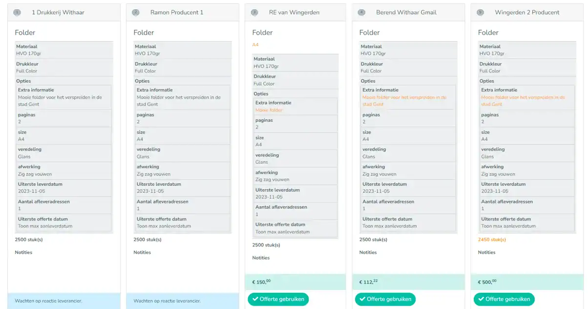 Multiple supplier quotes side by side in the Prindustry platform for dynamic quoting