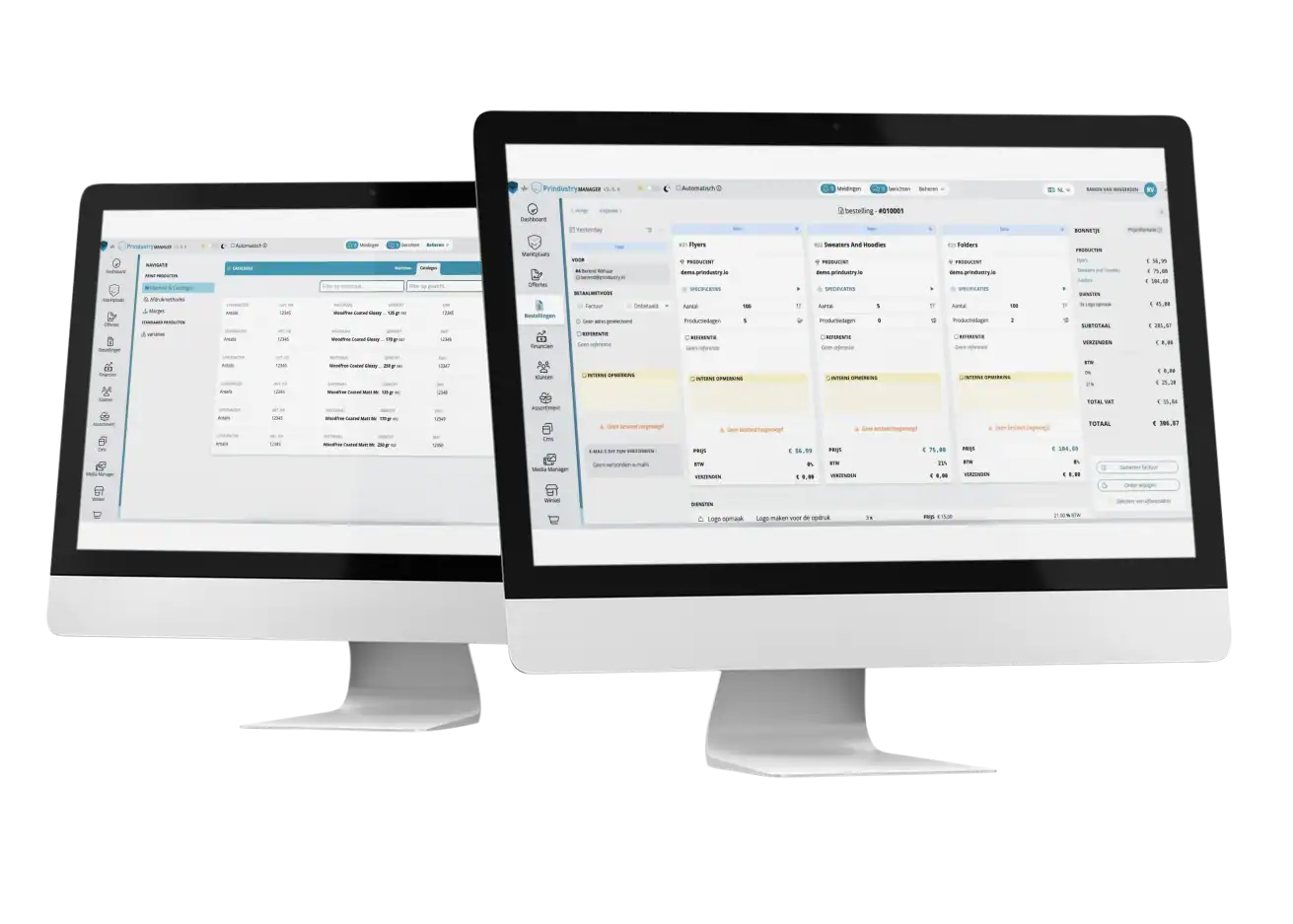 Two screens showing the Product Finder of the Prindustry Marketplace with product overview and guided selection