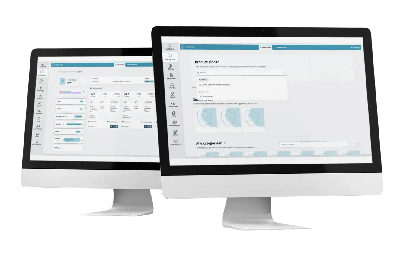Two screens showing the Product Finder of the Prindustry Marketplace with product overview and guided selection