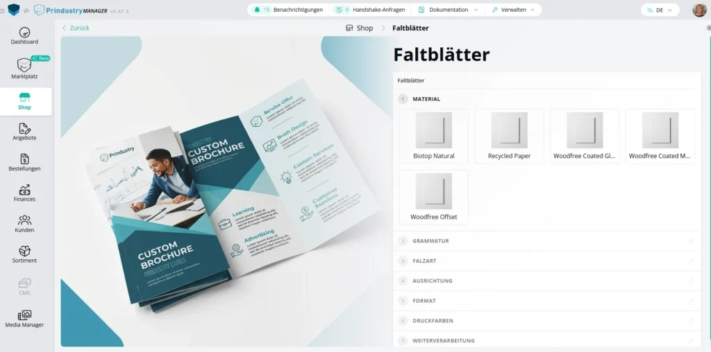 Shop Faltblatter Prindustry Platform ERP Printmanagement Web2Print