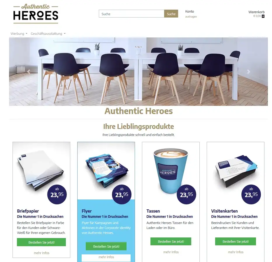 Whitelabel-Storefront zum Bestellen von Druckprodukten, erstellt mit dem Prindustry WhiteLabelShop