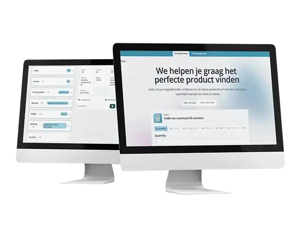 Twee schermen tonen de Product Finder van de Prindustry Marktplaats met productoverzicht en keuzehulp