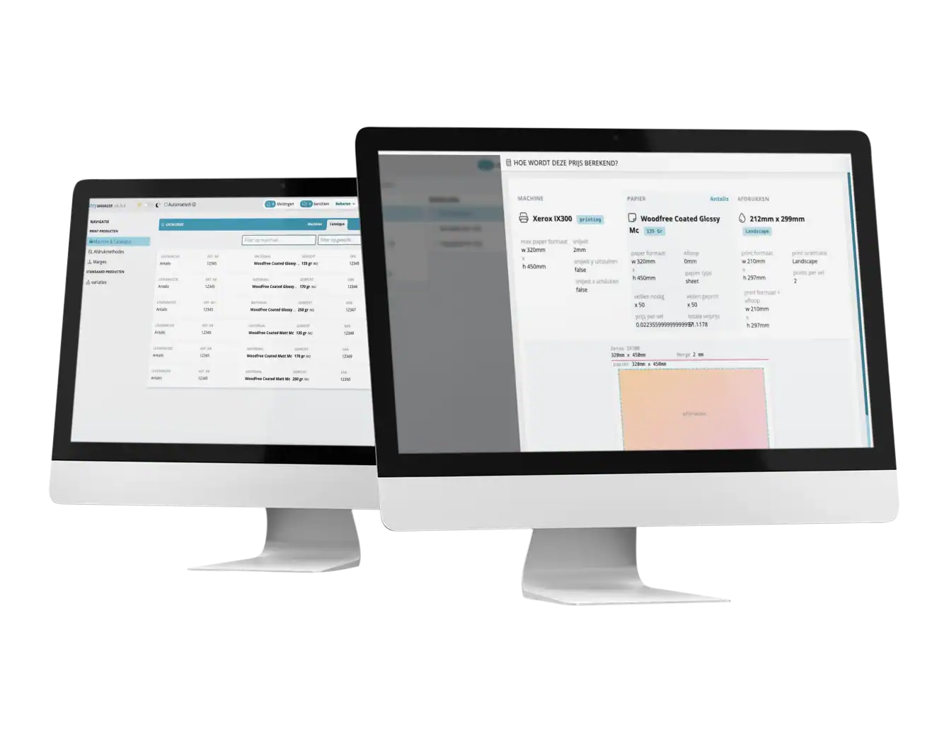 Two screens showing the Product Finder of the Prindustry Marketplace with product overview and guided selection