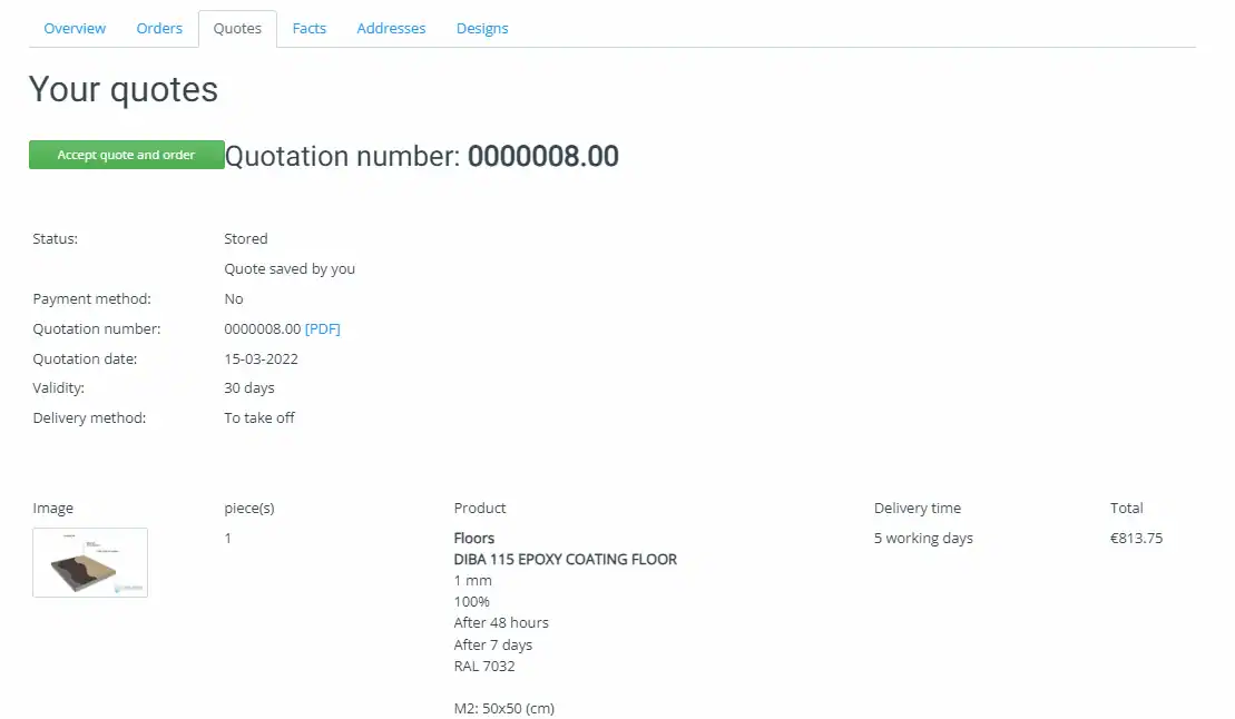 Quotation detail in the WhiteLabelShop customer account, where the client reviews and accepts a quote