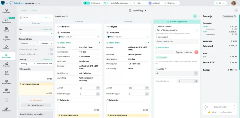 Ordersysteem in de Prindustry Manager met producten, producenten en prijzen vanuit één systeem