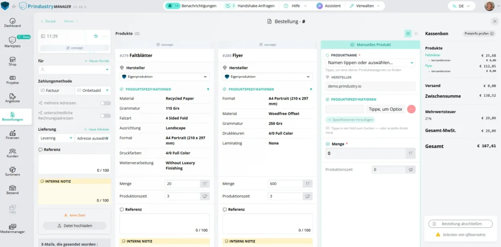 Bestellbildschirm im Prindustry Manager mit Produkten, Lieferanten und Preisen in einem System