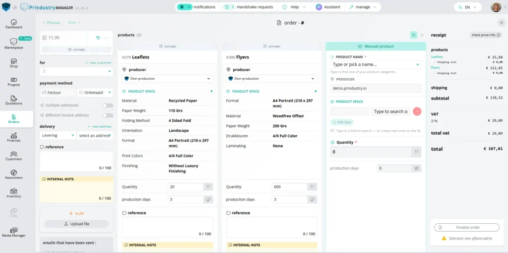 Order screen in the Prindustry Manager showing products, suppliers and prices in one system